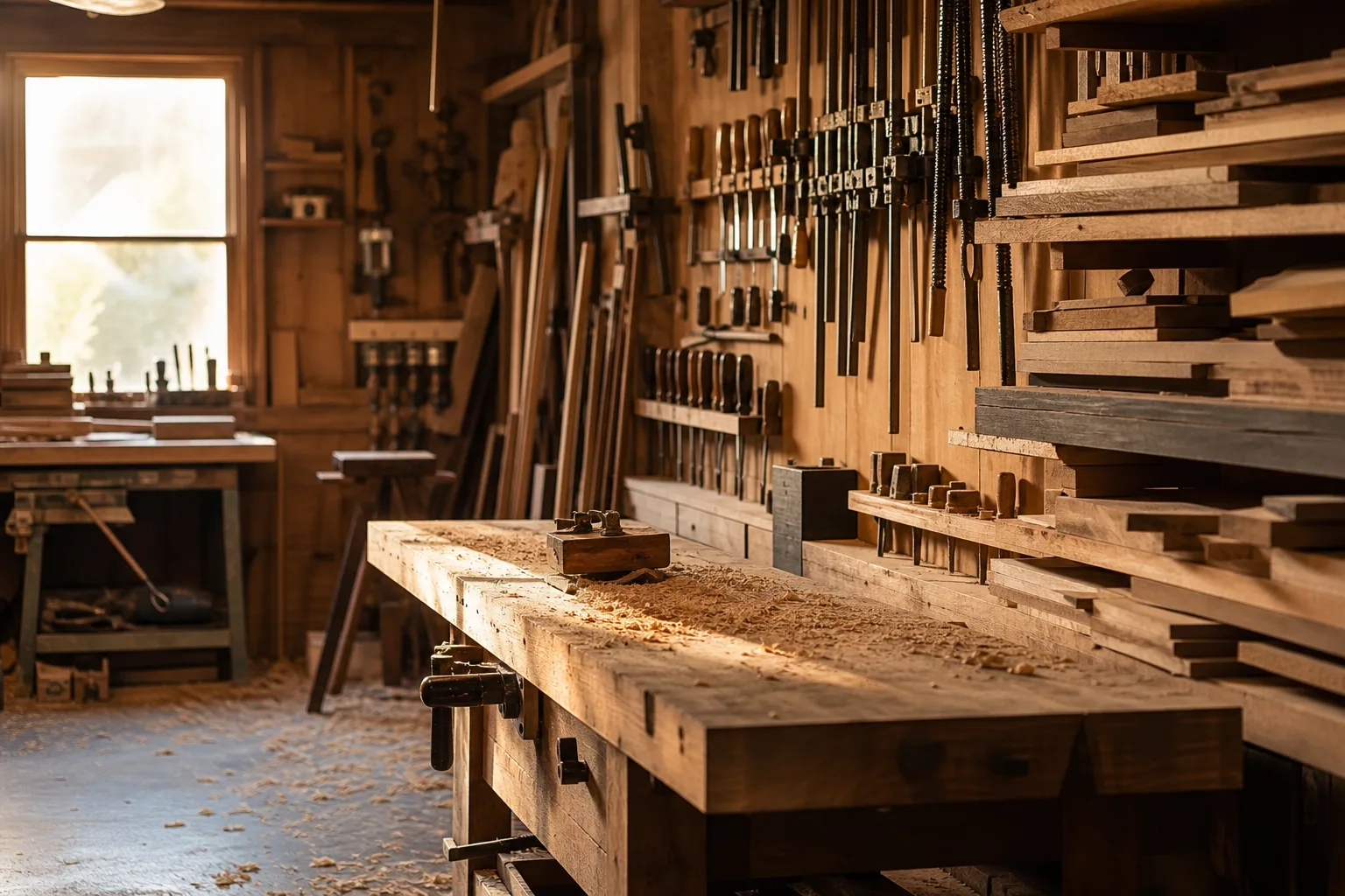 Interior of a traditional joinery workshop with timber and tools